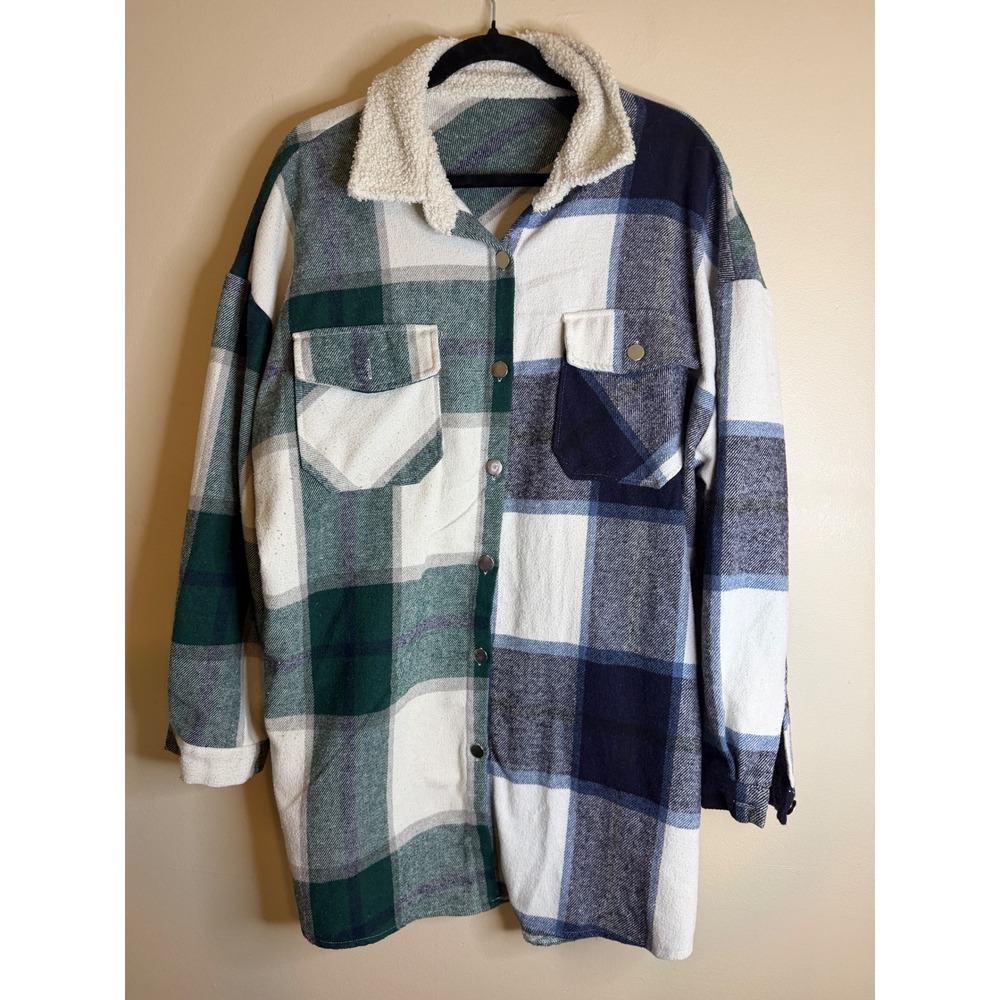 Womens Plus Size Plaid Flannel Shacket Sherpa Collar Oversized Fall Winter